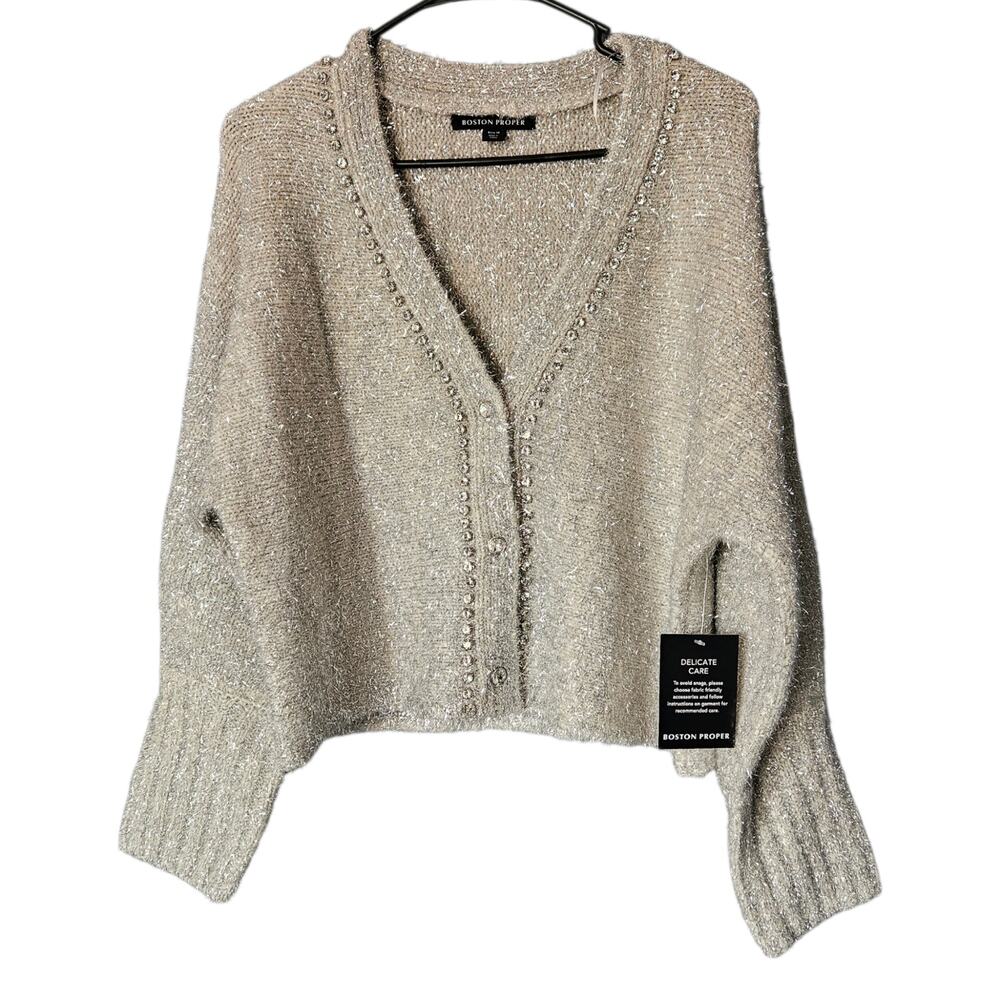 Boston Proper Silver Metallic Plush Embellished Cardigan V-Neck Sweater NWT M